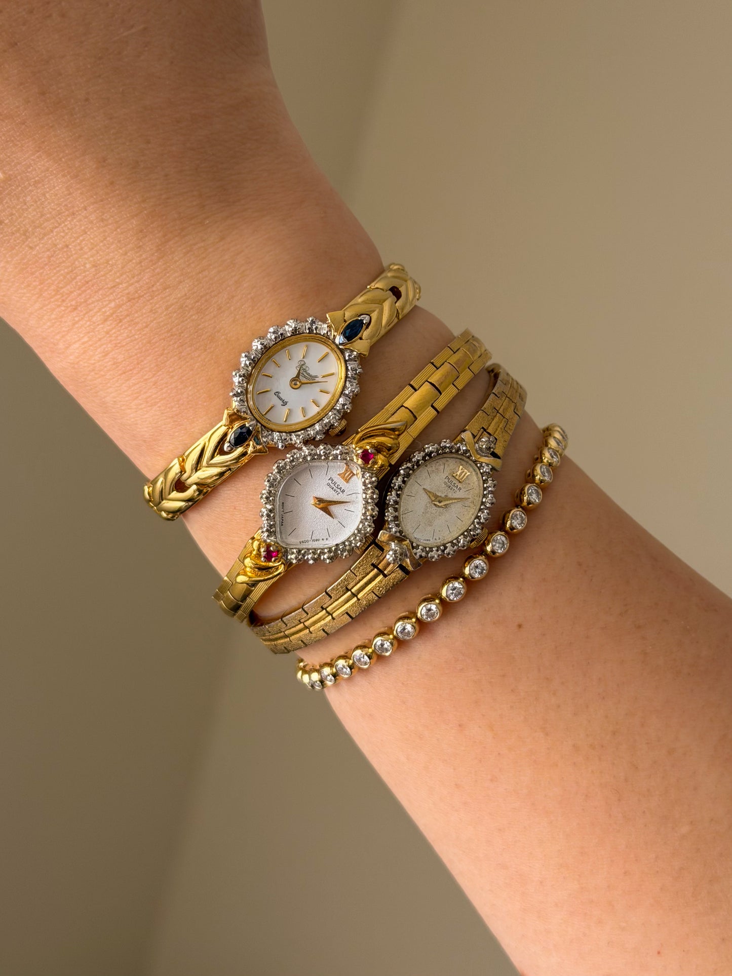 Vintage Gold Watch With Blue Gemstones and Diamond Accent