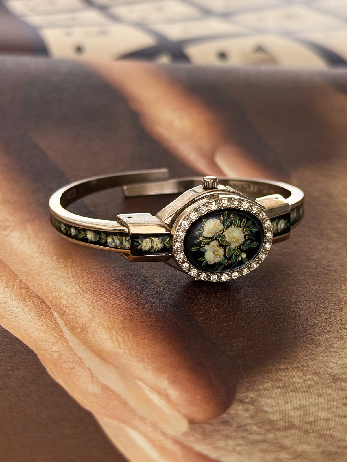 Vintage Black Enamel Andre Mouche Peekaboo Cuff Watch Bangle With Flower and Diamond Accent