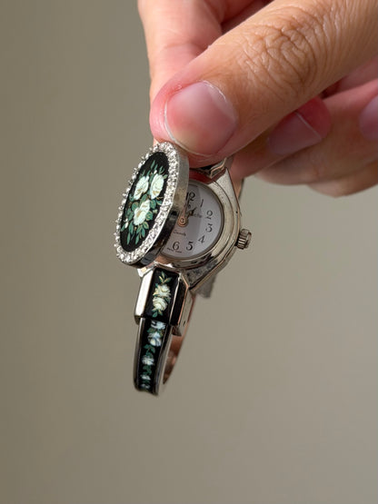 Vintage Black Enamel Andre Mouche Peekaboo Cuff Watch Bangle With Flower and Diamond Accent