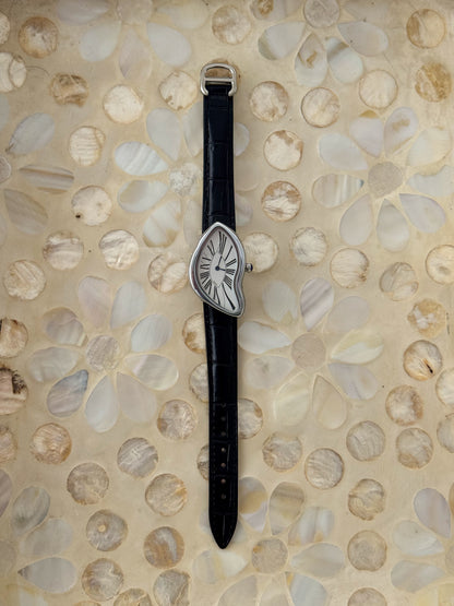 Y2K Vintage Inspired Silver Paris Dali Crash Melting Watch With Black Leather Band