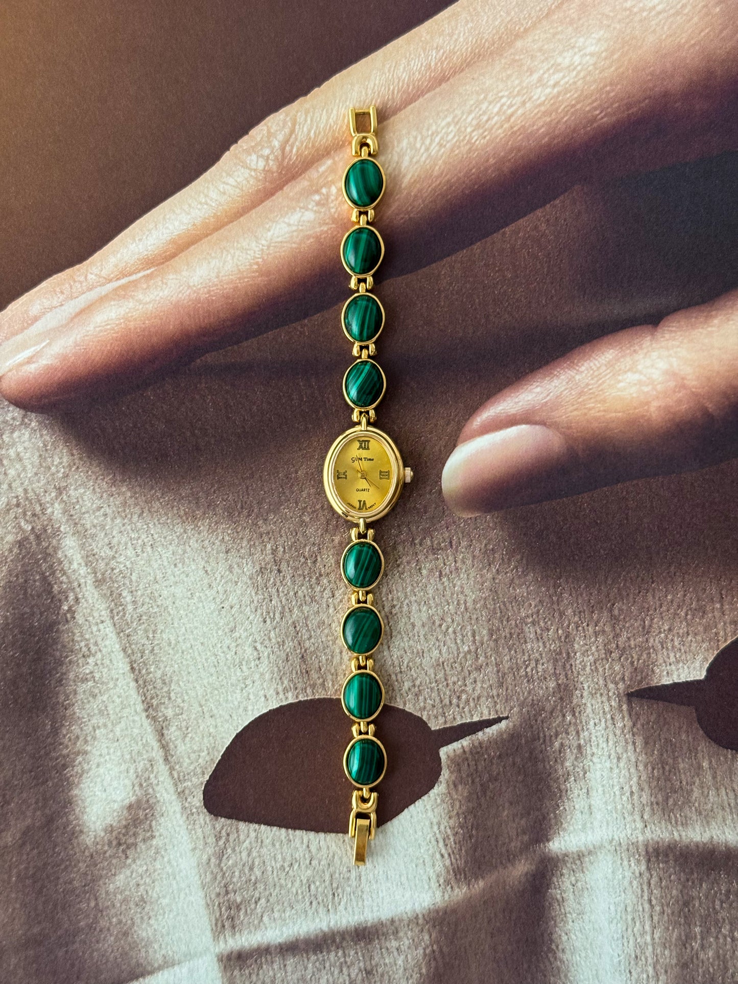Vintage Gem Time Gold Watch With Malachite Stone Band