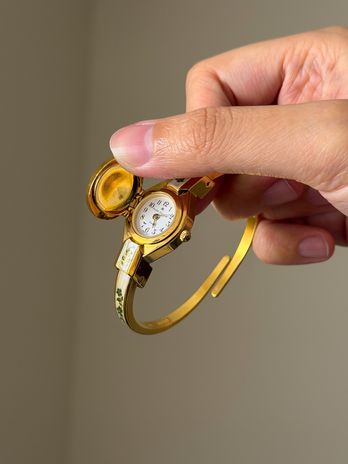 Vintage Gold Tone Andre Mouche Peekaboo Cuff Watch With a Green Peony Enamel Flower Design