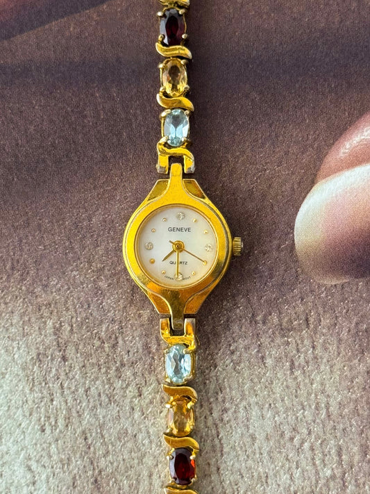 Vintage Geneve Gold Watch With Genuine Multicolor Gemstone Band