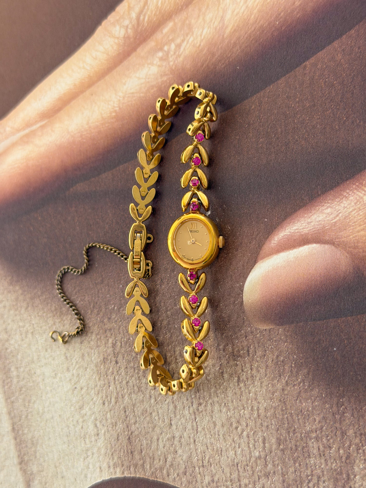Very Rare 1990s Gold Vintage Seiko Watch With 8 Natural Ruby Gemstones