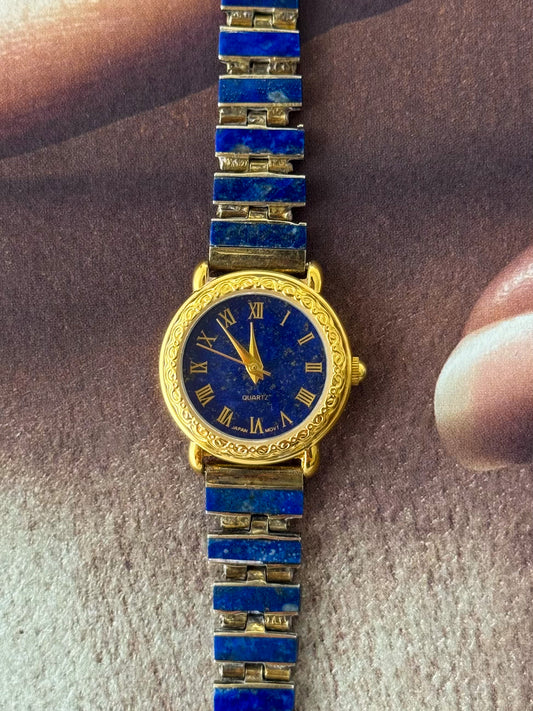 Vintage Gem Time Gold Watch With Genuine Lapis Lazuli Stone Band
