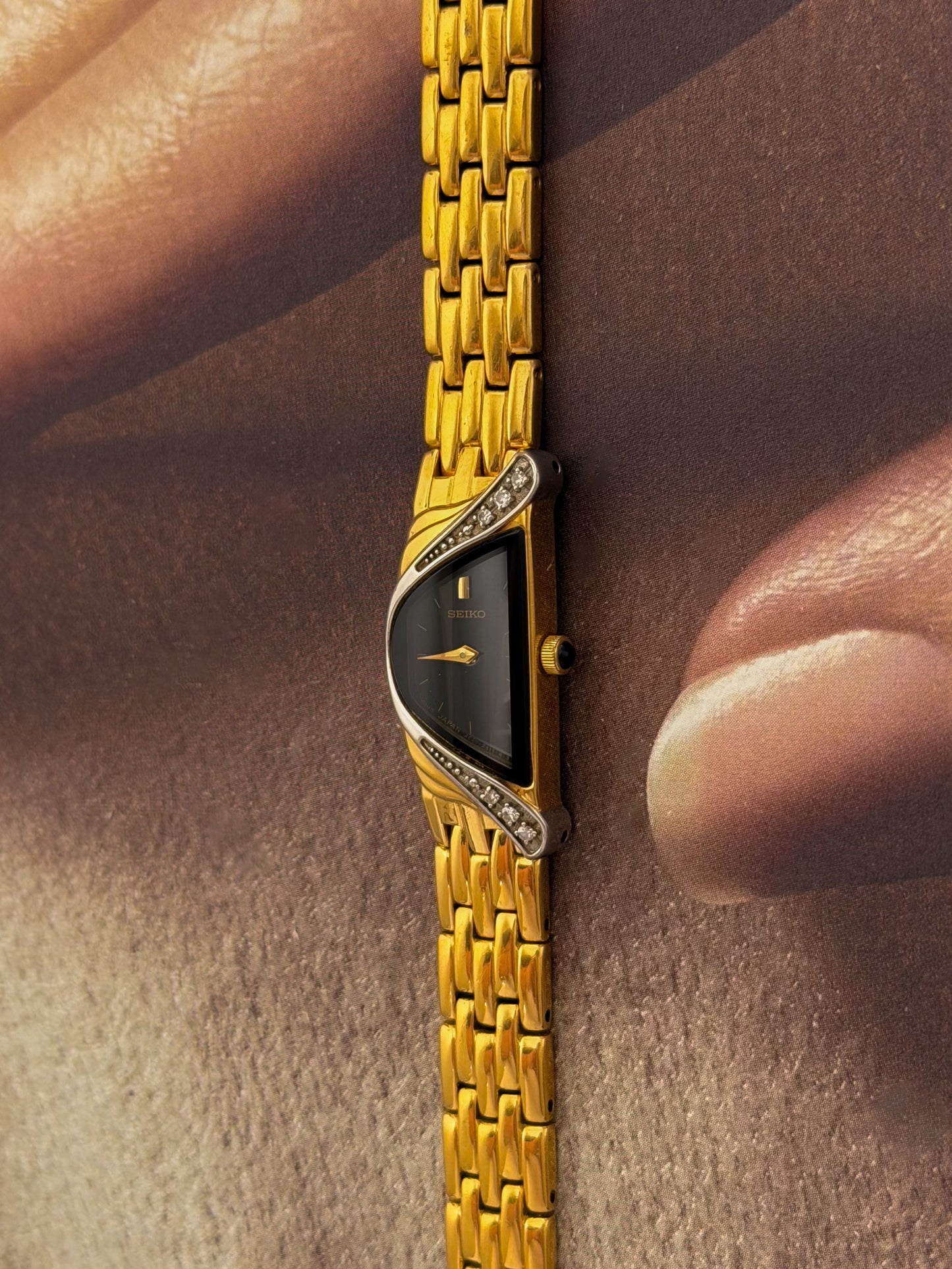 RARE Vintage 1990s Gold Seiko Half Moon Watch With 6 Diamond Accent