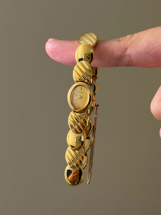 Dainty 1990s Gold Plated Seiko Watch with Petite Oval Dial