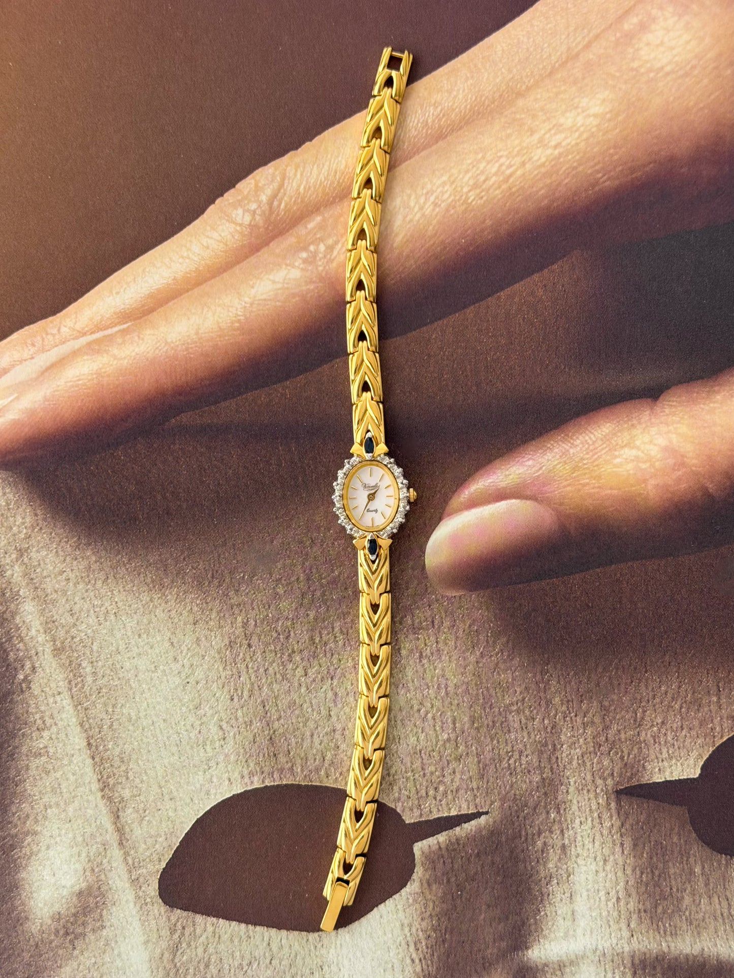 Vintage Gold Watch With Blue Gemstones and Diamond Accent