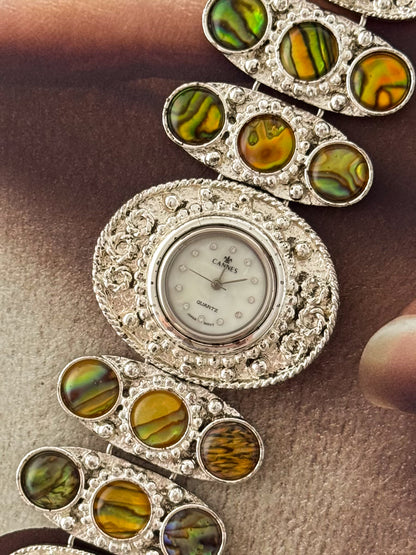 Maximalist Vintage Silver Watch With Natural Abalone