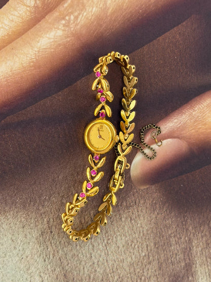 Very Rare 1990s Gold Vintage Seiko Watch With 8 Natural Ruby Gemstones