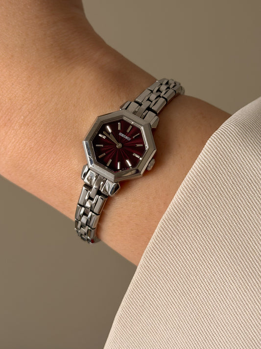 Vintage Silver Seiko Watch With Burgundy Octagonal Dial 1F20