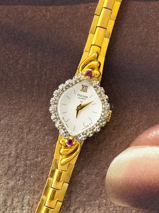 Vintage Pulsar Gold Watch With Red Garnet Gemstones and Diamond Accent