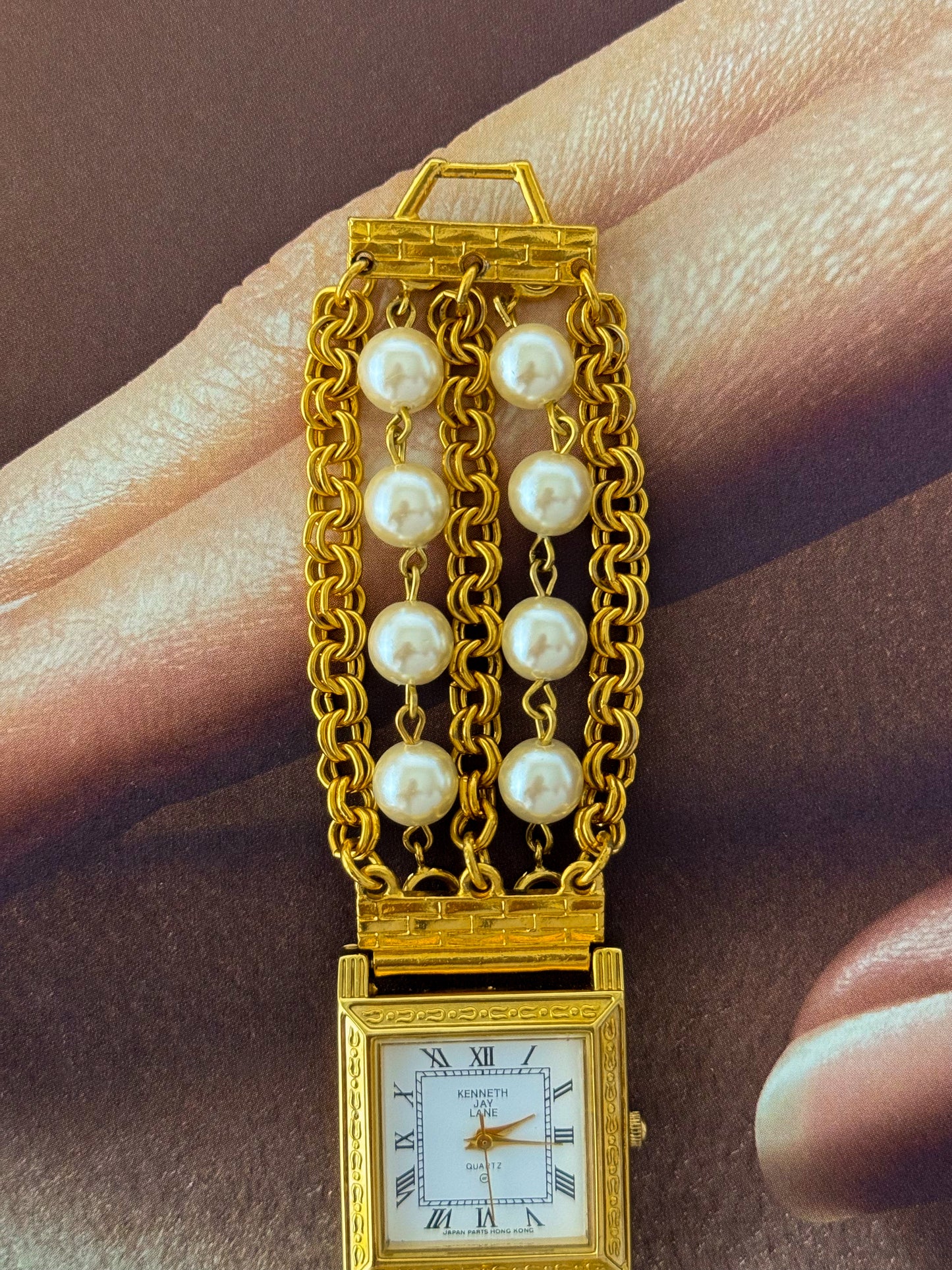 Vintage Kenneth Jay Lane (KJL) Gold Watch With Pearl Band and Square Case