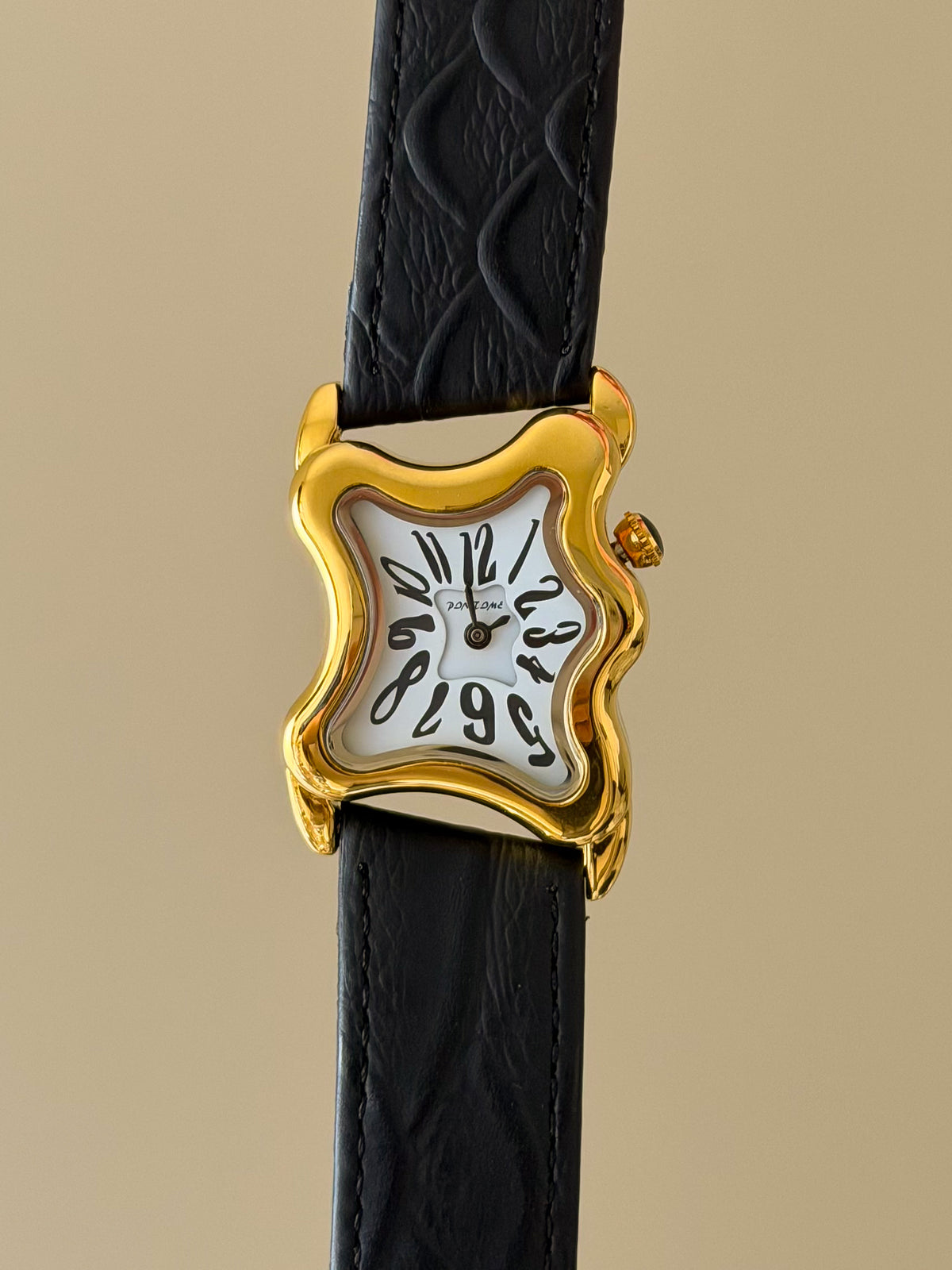 Surrealist Watch With Melting Wavy Gold Dial and Black Leather Band