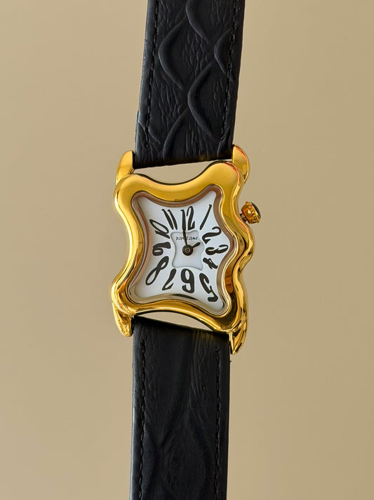 Surrealist Watch With Melting Wavy Gold Dial and Black Leather Band