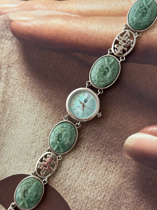 Vintage Jade of Yesteryear Watch With Carved Stone Band and Turquoise Mother of Pearl Dial
