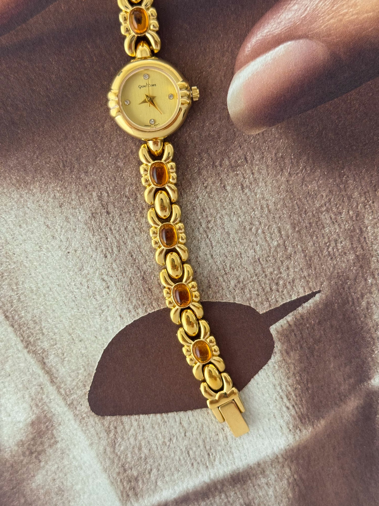 Vintage Gem Time Gold Watch With Orange Amber Gemstone Band