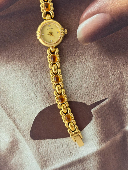 Vintage Gem Time Gold Watch With Orange Amber Gemstone Band