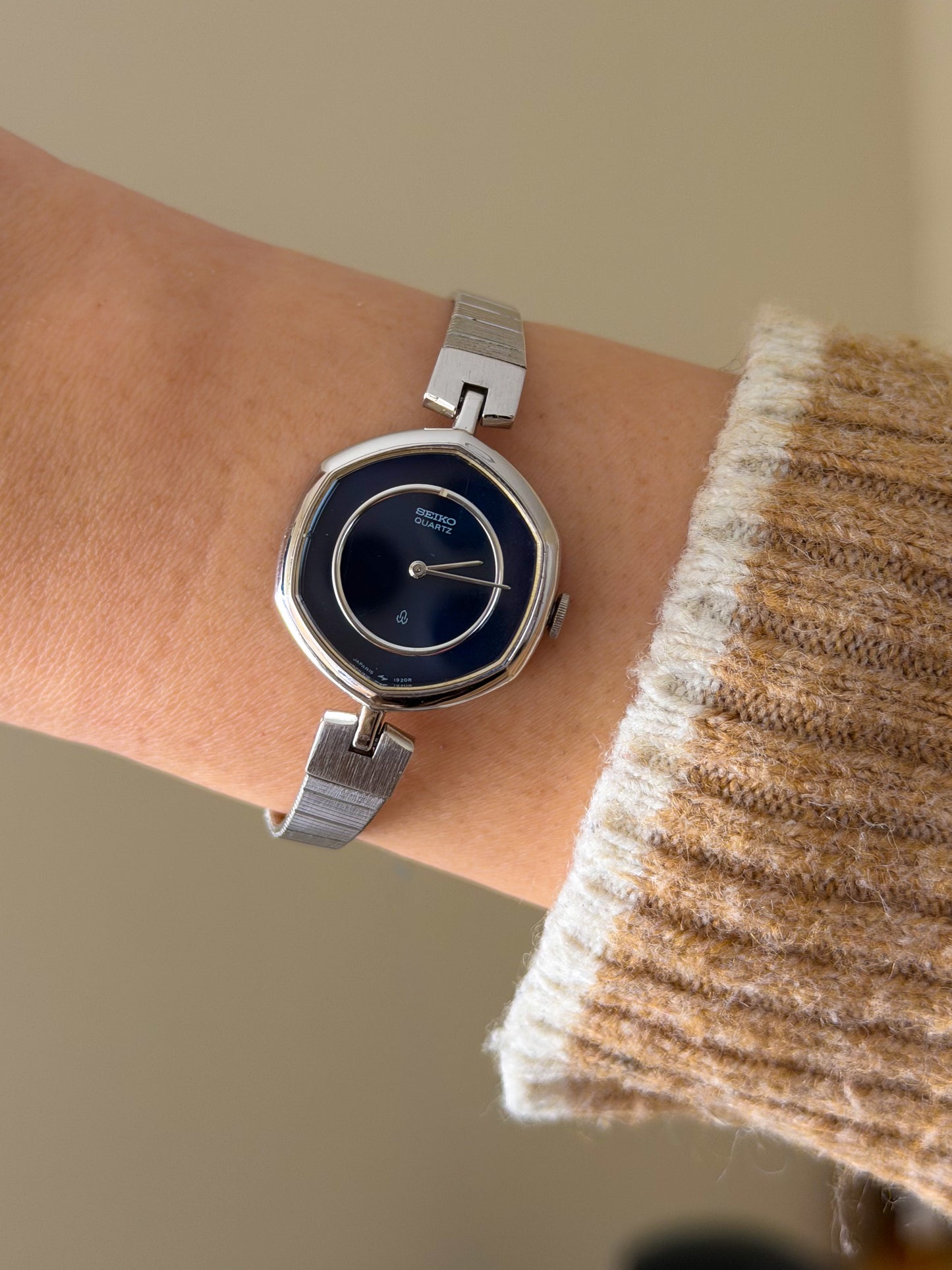 Vintage Silver Seiko Watch With Navy Blue Hexagon Dial