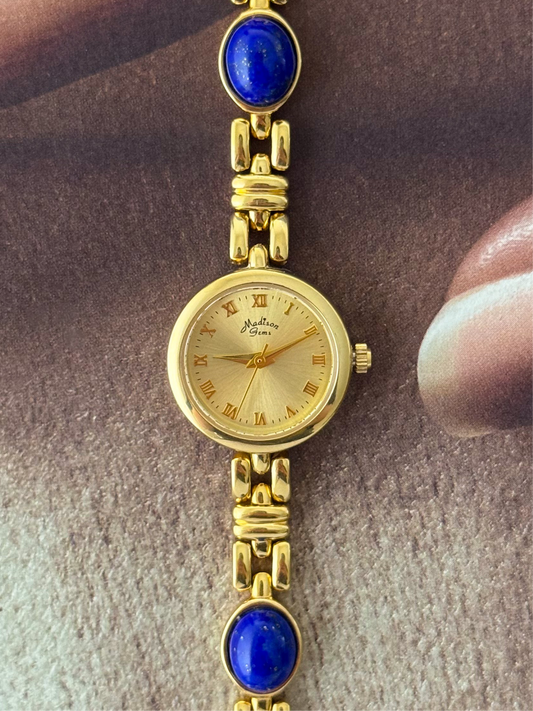 Vintage Madison Gem Gold Watch With Genuine Lapis Lazuli Stone Band