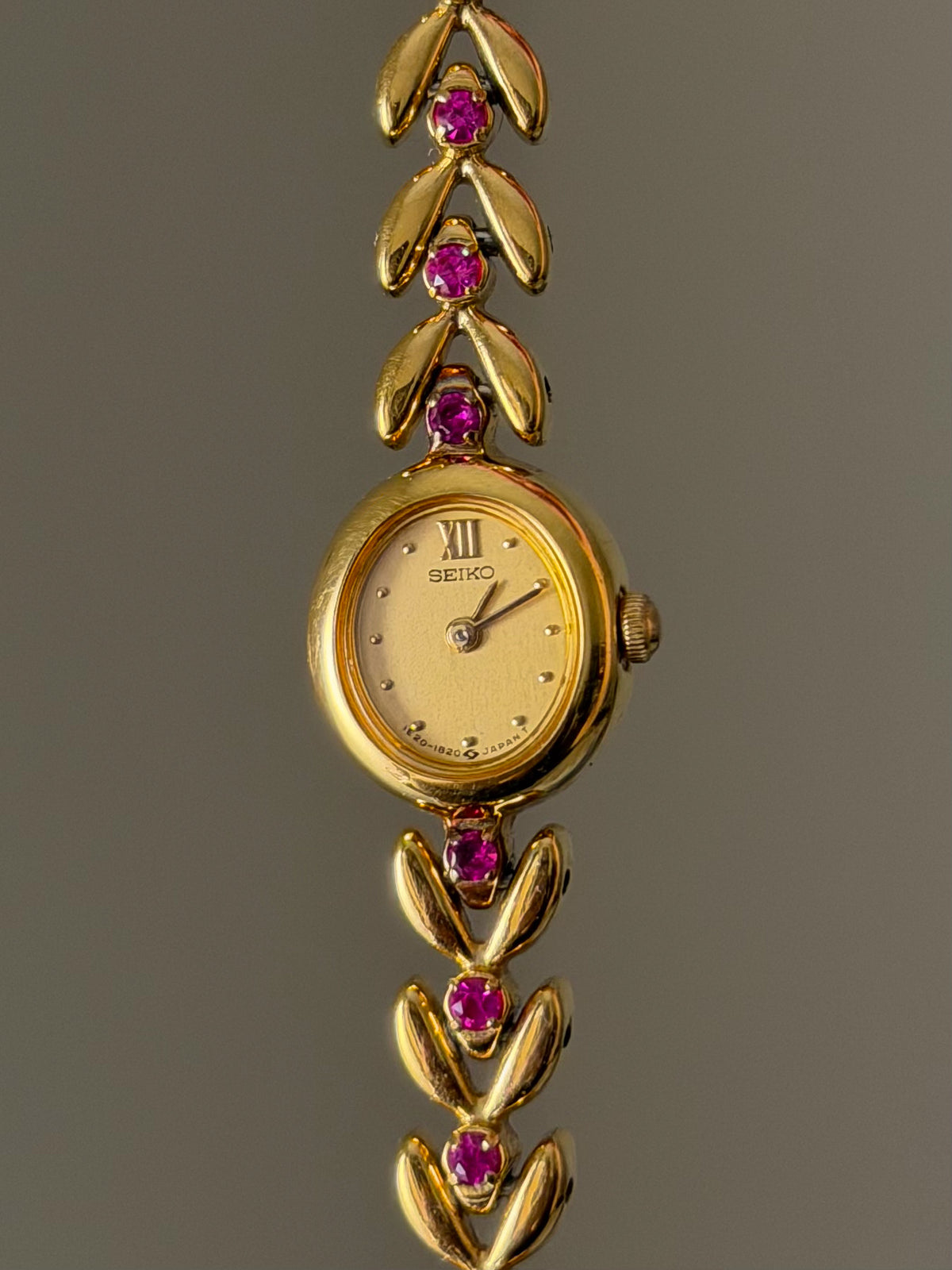 Very Rare 1990s Gold Vintage Seiko Watch With 8 Natural Ruby Gemstones