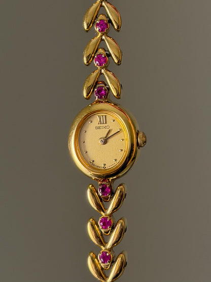 Very Rare 1990s Gold Vintage Seiko Watch With 8 Natural Ruby Gemstones