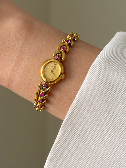 Very Rare 1990s Gold Vintage Seiko Watch With 8 Natural Ruby Gemstones