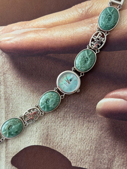 Vintage Jade of Yesteryear Watch With Carved Stone Band and Turquoise Mother of Pearl Dial