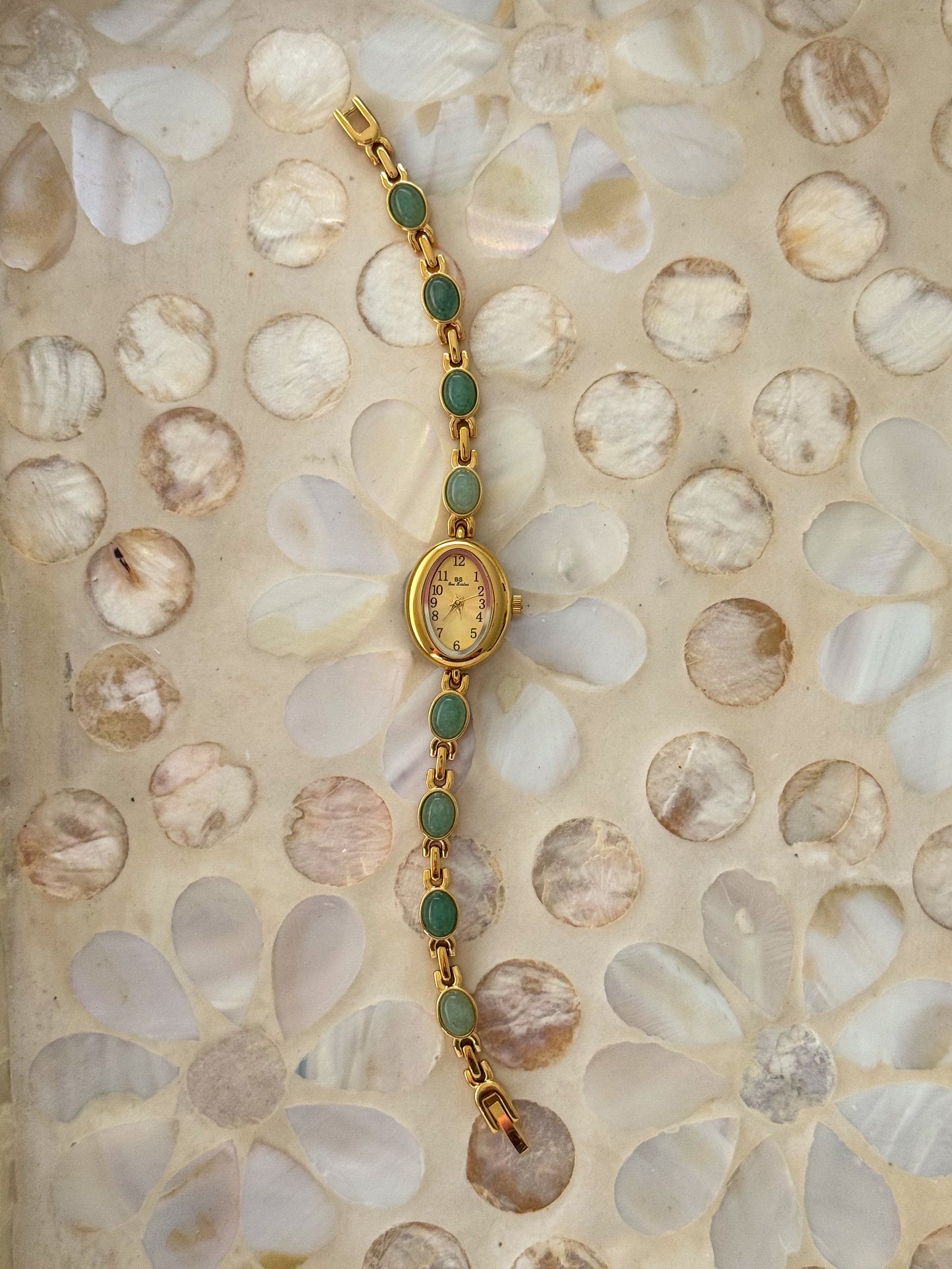 Minimalist Gold Watch With Dainty Green Gemstone Bracelet Band