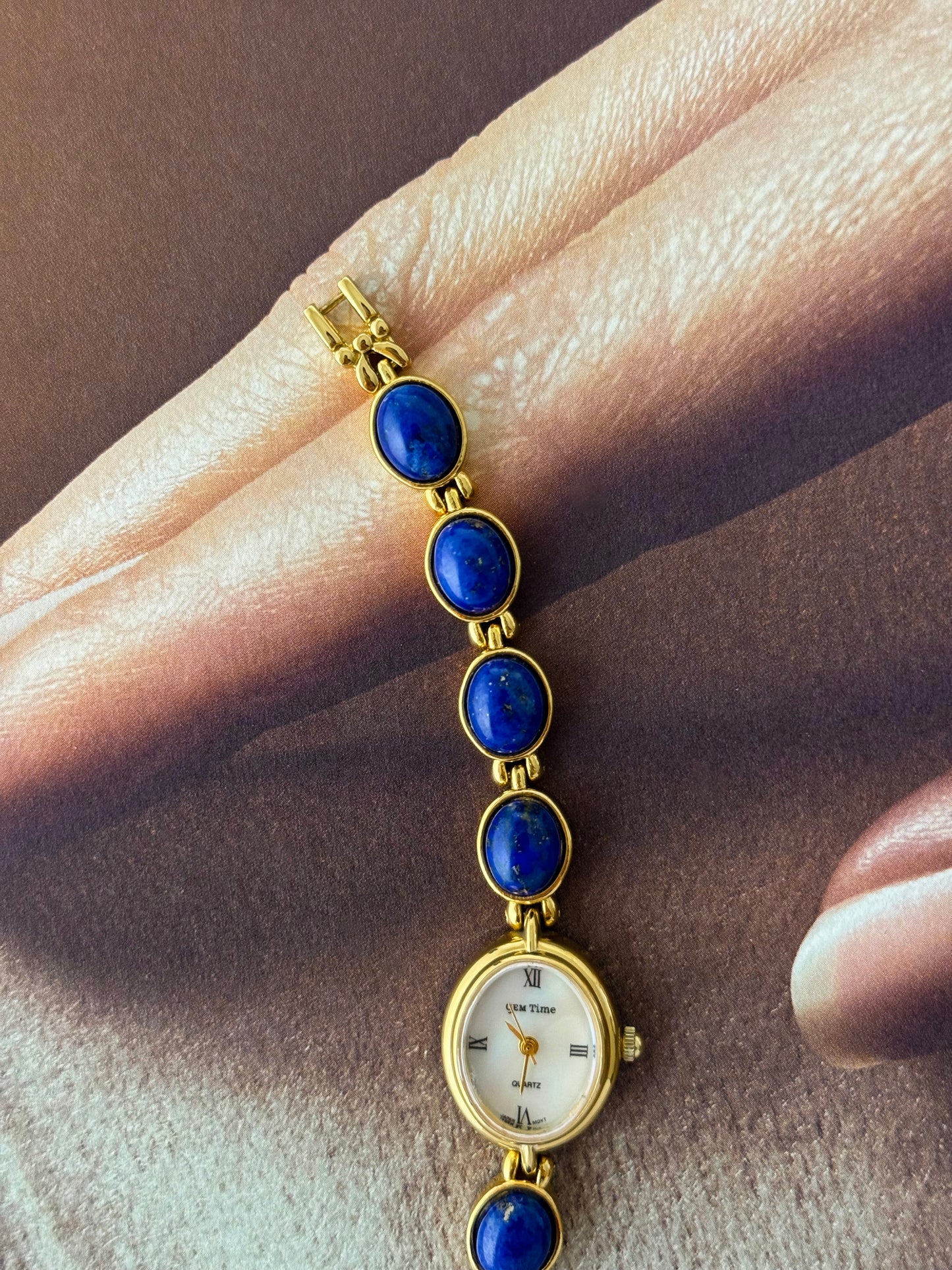 Vintage Gem Time Gold Watch With Genuine Lapis Lazuli Stone Band