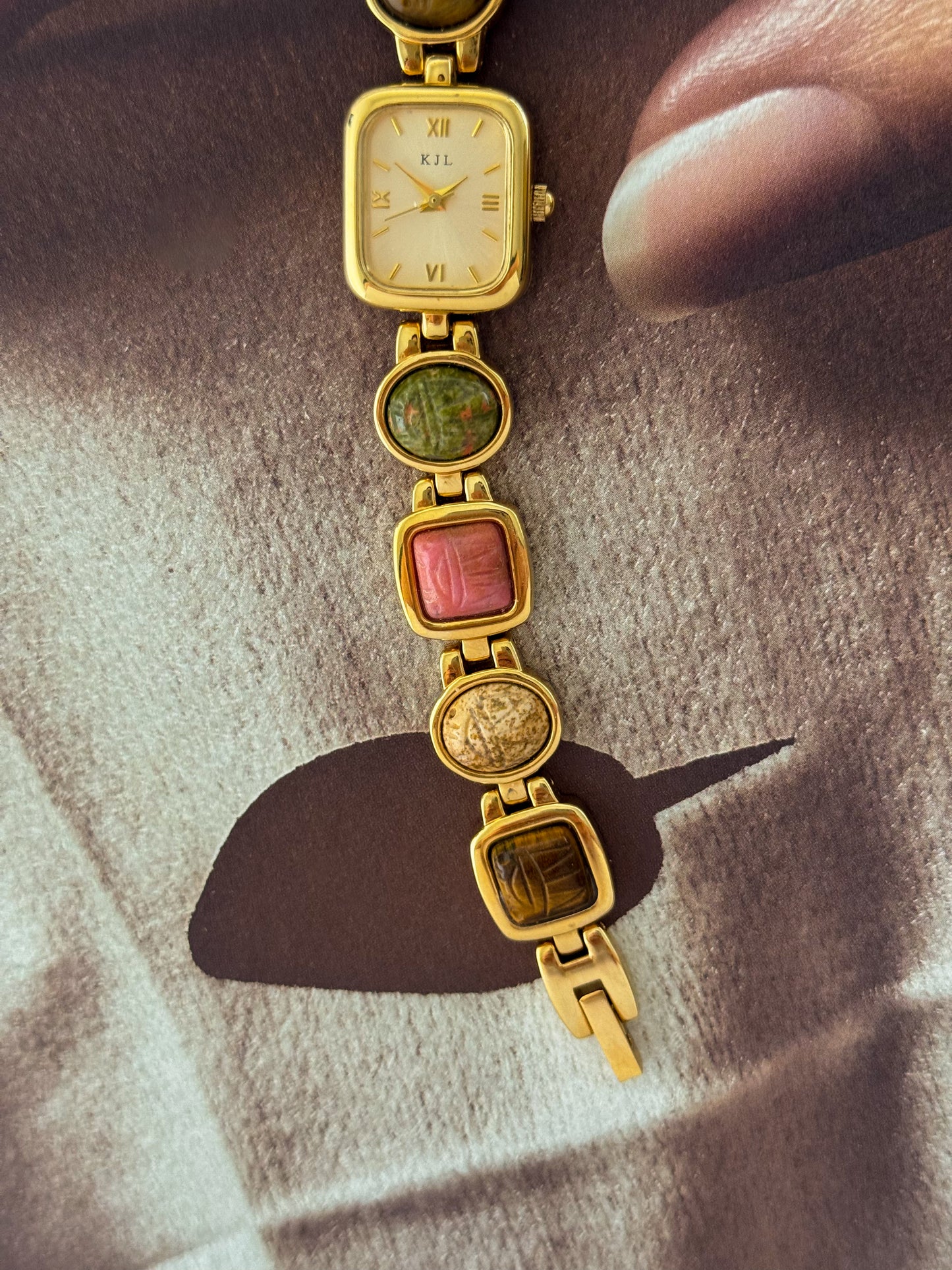 Vintage Kenneth Jay Lane (KJL) Gold Tone Watch With Egyptian Carved Scarab Gemstone Band