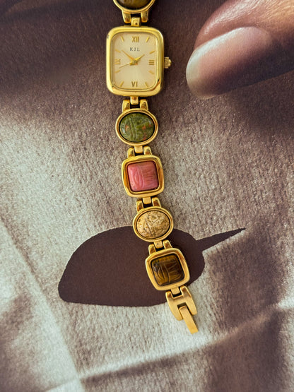 Vintage Kenneth Jay Lane (KJL) Gold Tone Watch With Egyptian Carved Scarab Gemstone Band