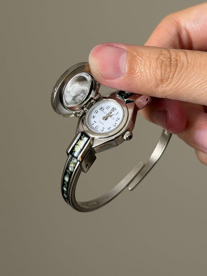 Vintage Black Enamel Andre Mouche Peekaboo Cuff Watch Bangle With Flower and Diamond Accent