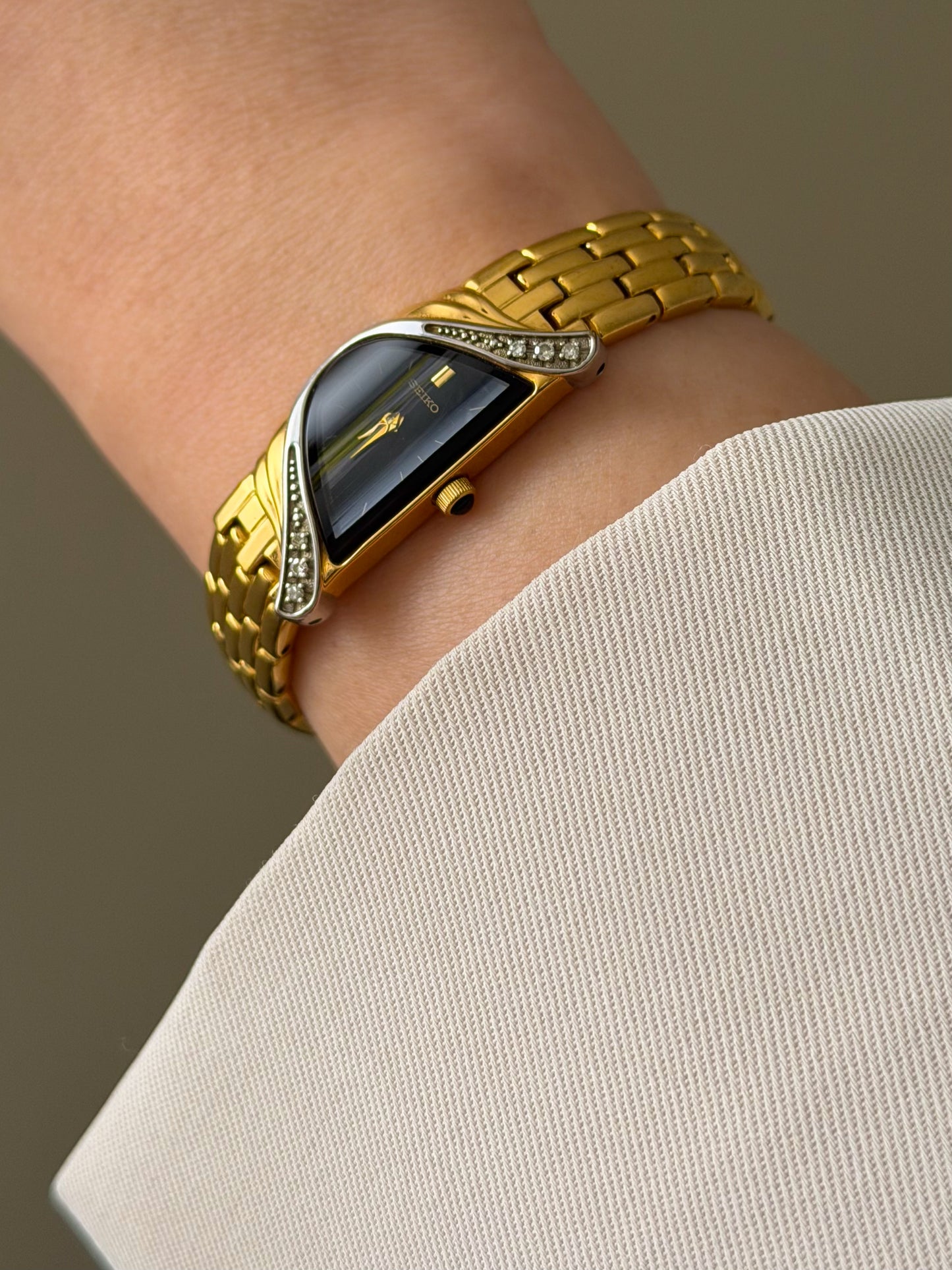 RARE Vintage 1990s Gold Seiko Half Moon Watch With 6 Diamond Accent