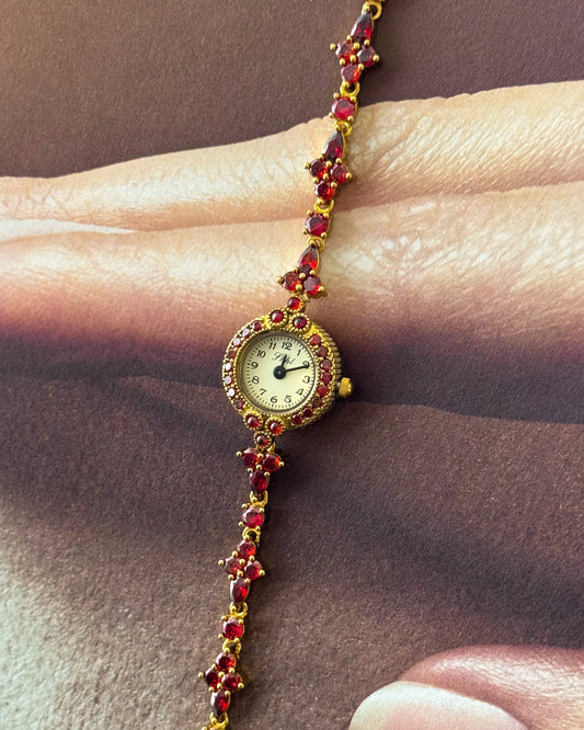 Dainty Red Garnet Stone Watch Bracelet With Petite Dial