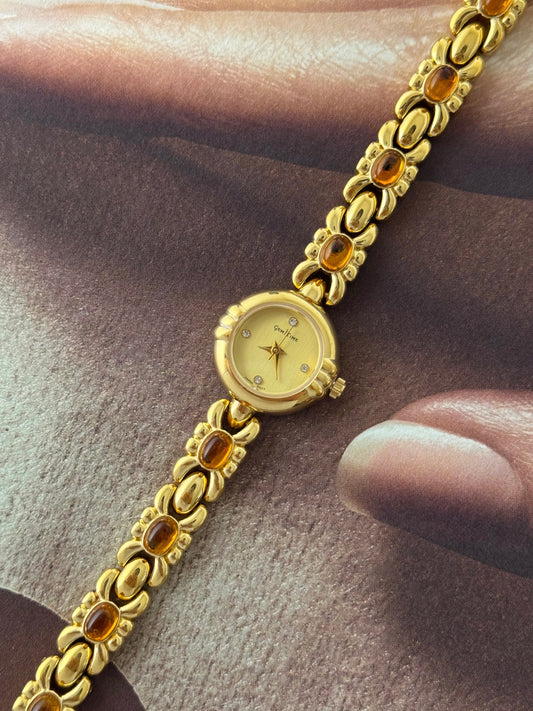 Vintage Gem Time Gold Watch With Orange Amber Gemstone Band
