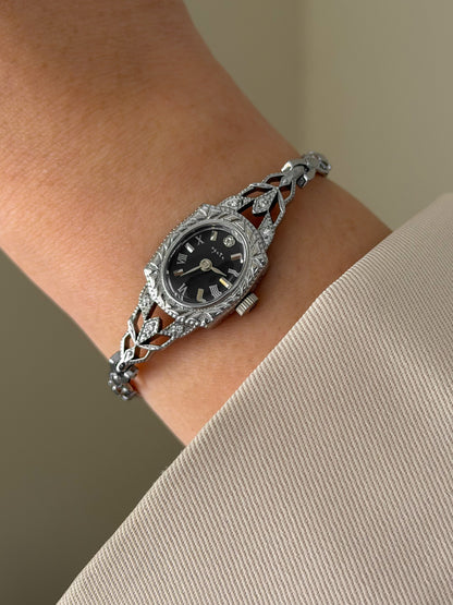 Vintage Japanese Agete Art Deco Style Silver Watch Black Dial and Dainty Wristband