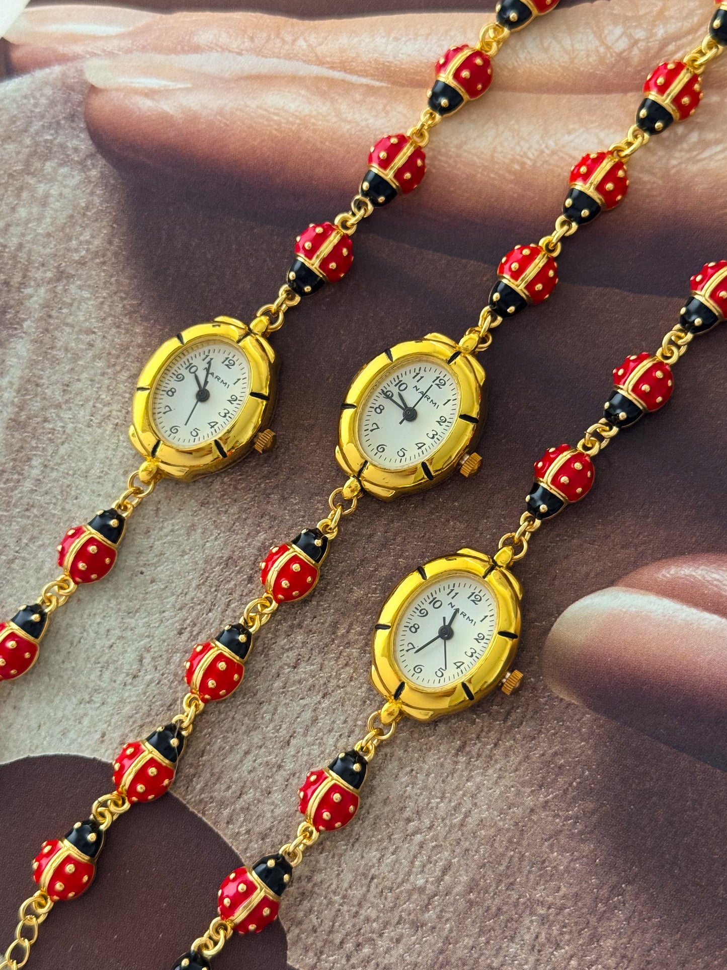 Dainty Gold Tone Ladybug Watch Bracelet