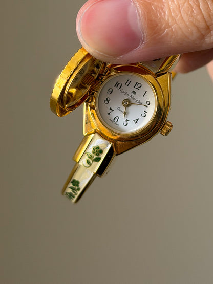 Vintage Gold Tone Andre Mouche Peekaboo Cuff Watch With a Green Peony Enamel Flower Design