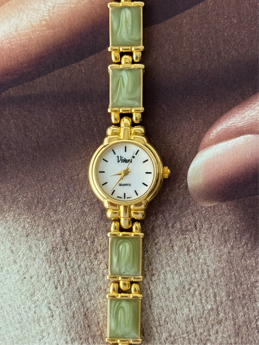 Vintage Vivani Gold Watch With Swirl Green Stone Band