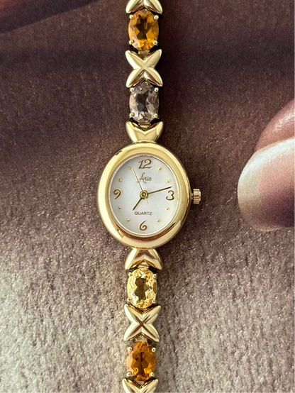 Vintage Aria Gold Watch With Genuine Multicolor Gemstone Band