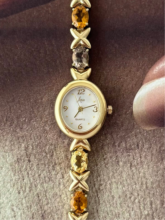 Vintage Aria Gold Watch With Genuine Multicolor Gemstone Band