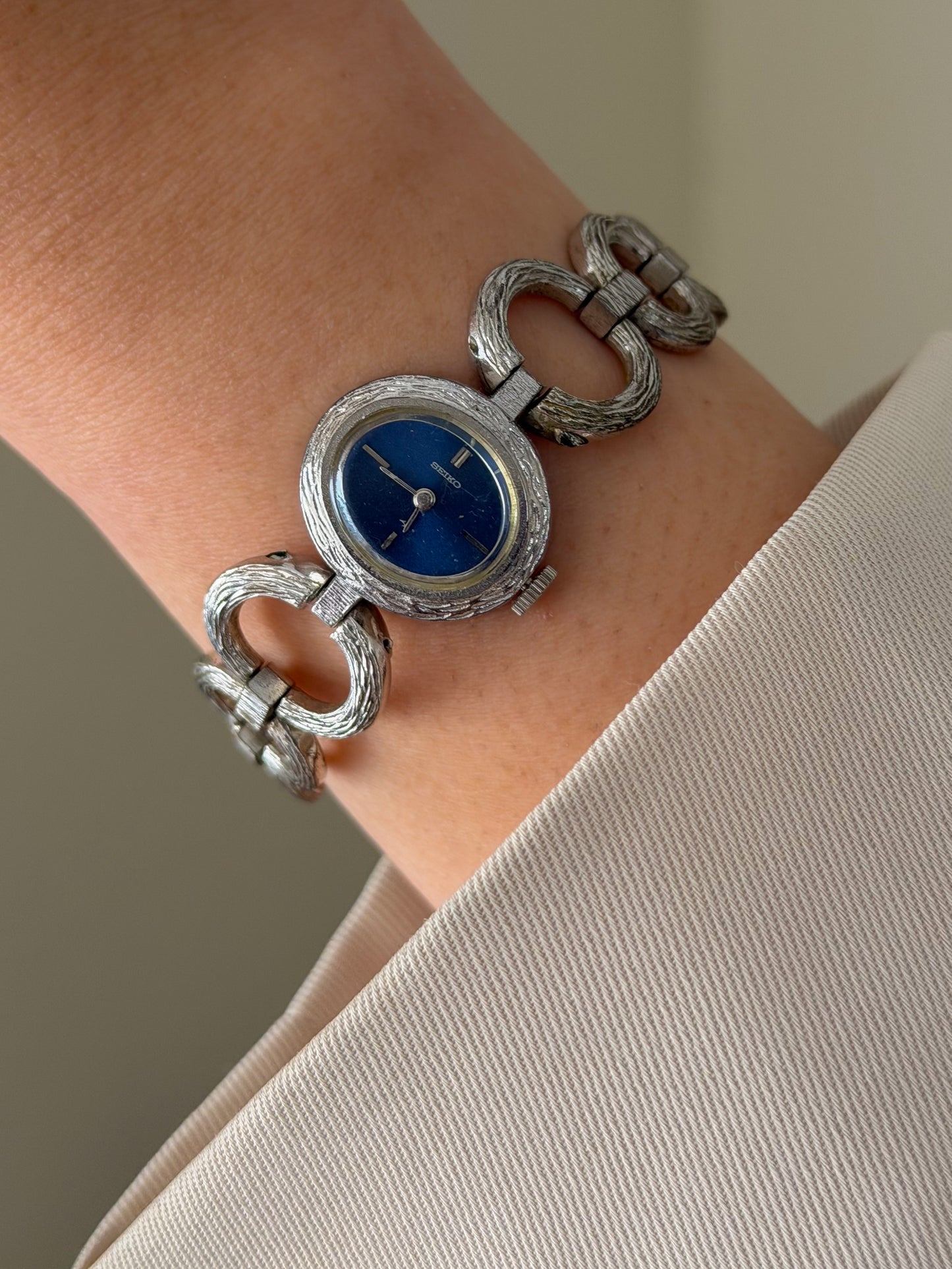 1960s Vintage Silver Seiko Watch With Navy Blue Oval Dial