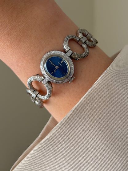 1960s Vintage Silver Seiko Watch With Navy Blue Oval Dial