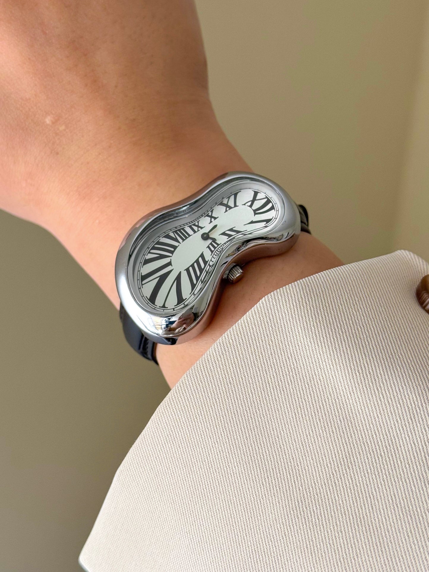 Black Leather Band Salvador Dali Style Watch Silver Exaequo Inspired Softwatch