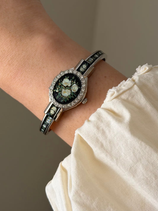 Vintage Black Enamel Andre Mouche Peekaboo Cuff Watch Bangle With Flower and Diamond Accent