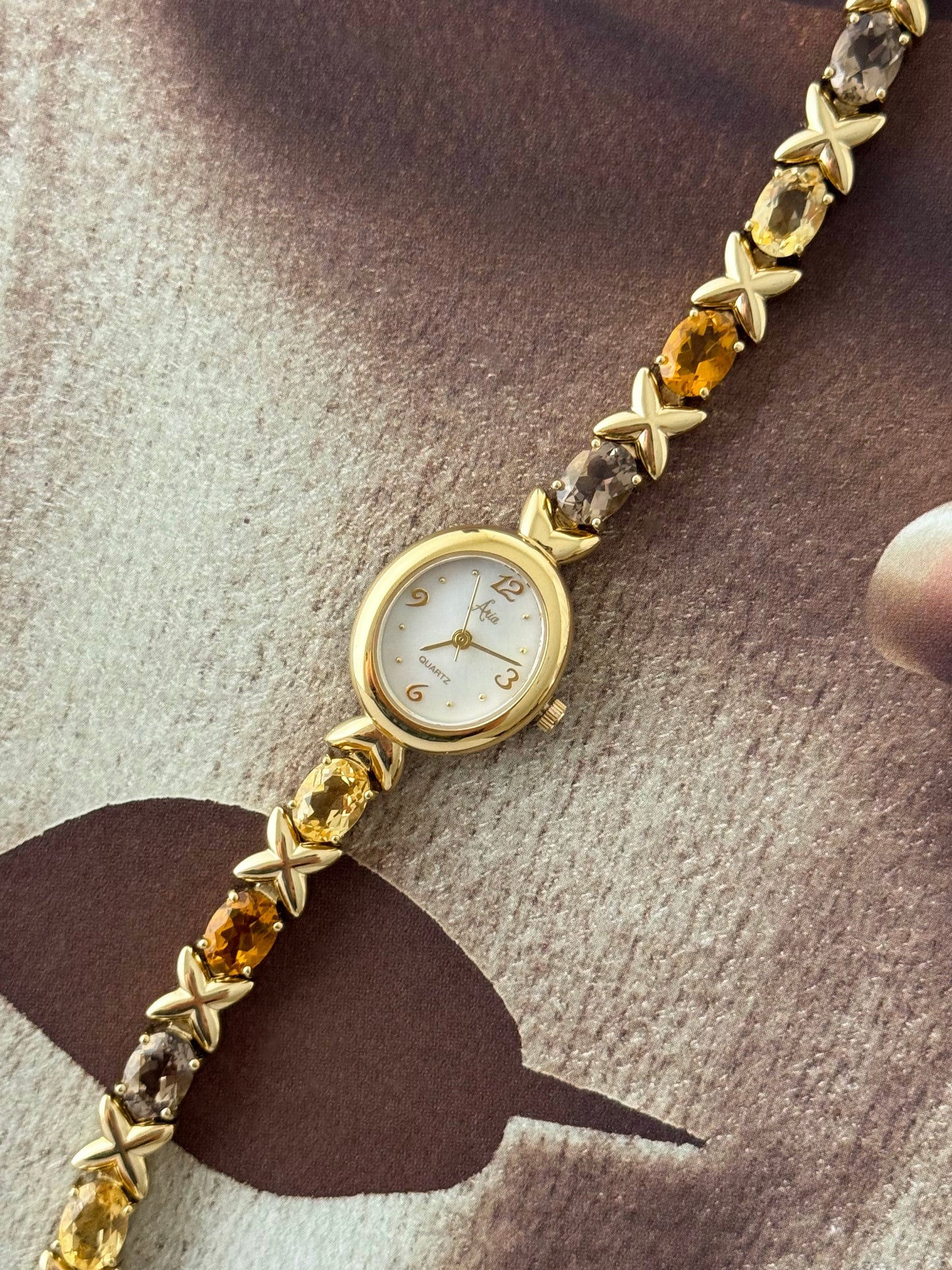 Vintage Aria Gold Watch With Genuine Multicolor Gemstone Band