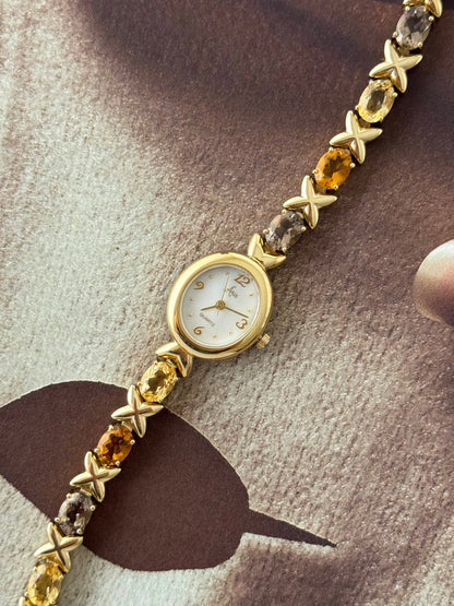 Vintage Aria Gold Watch With Genuine Multicolor Gemstone Band