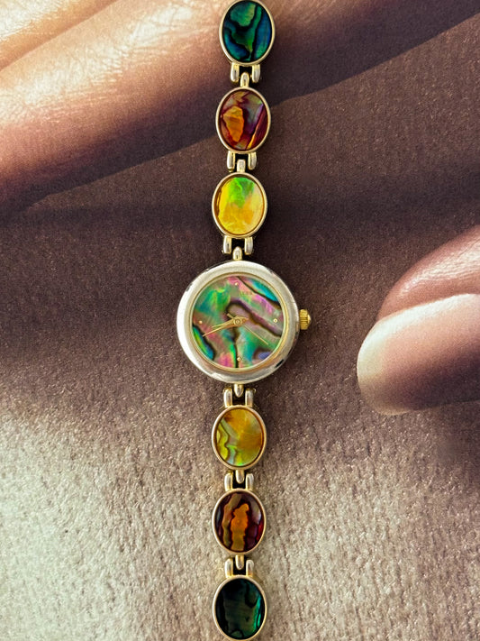 Vintage Silver/Gold Watch With Natural Abalone Band and Dial