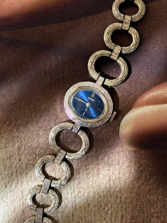 1960s Vintage Silver Seiko Watch With Navy Blue Oval Dial